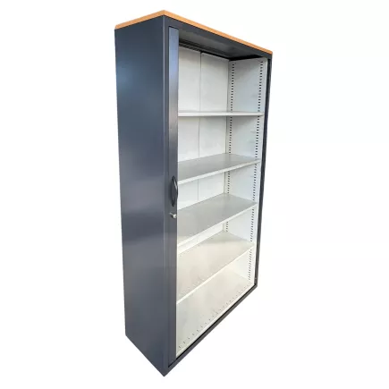 LO LISTA│Armoire rideaux L100xH190 cm avec top de finition hêtre saumoné│Acier gris anthracite/intérieur blanc