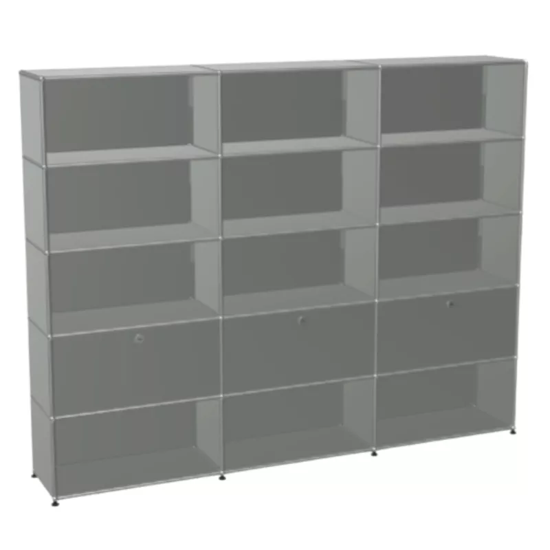 USM HALLER│Etagère 15 cases 3L x 5H - 12 cases ouvertes + 2 tiroirs + 1 clapet│Gris souris