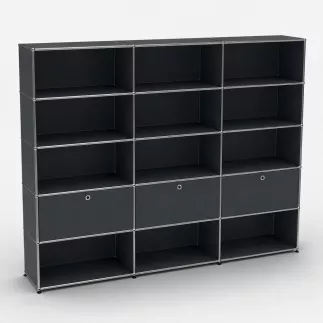 USM HALLER│Etagère 15 cases 3L x 5H - 12 cases ouvertes + 2 tiroirs + 1 clapet│Gris anthracite
