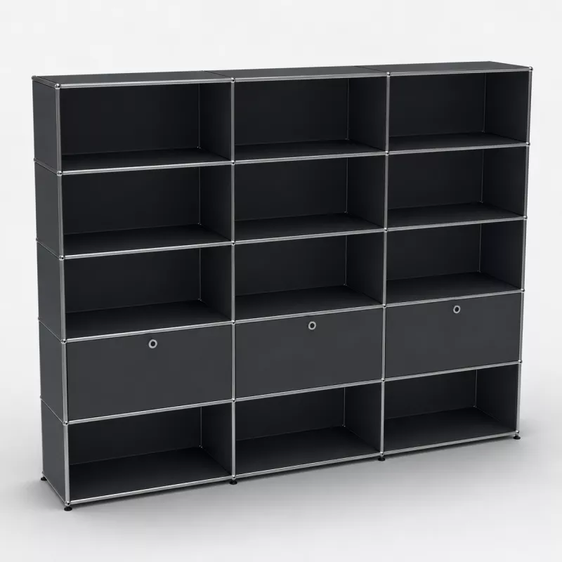 USM HALLER│Etagère 15 cases 3L x 5H - 12 cases ouvertes + 2 tiroirs + 1 clapet│Gris anthracite