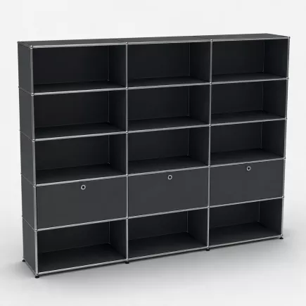 USM HALLER│Etagère 15 cases 3L x 5H - 12 cases ouvertes + 2 tiroirs + 1 clapet│Gris anthracite