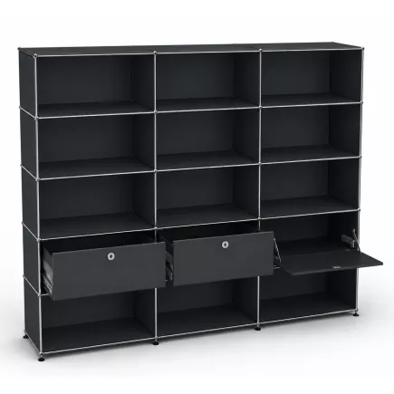 USM HALLER│Etagère 15 cases 3L x 5H - 12 cases ouvertes + 2 tiroirs + 1 clapet│Gris anthracite