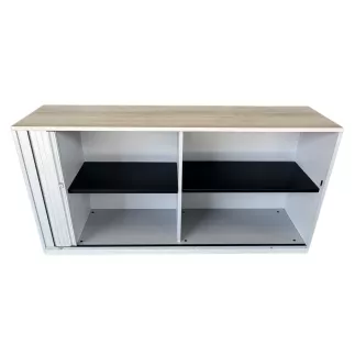LO LISTA│Armoire basse à rideau L 160 cm│Gris aluminium/top erable blanc
