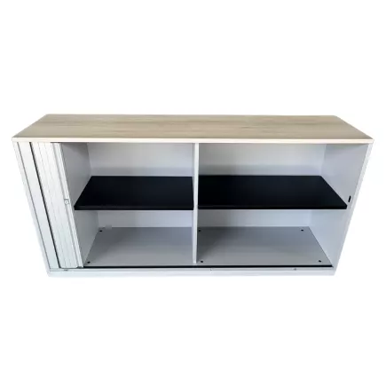 LO LISTA│Armoire basse à rideau L 160 cm│Gris aluminium/top erable blanc