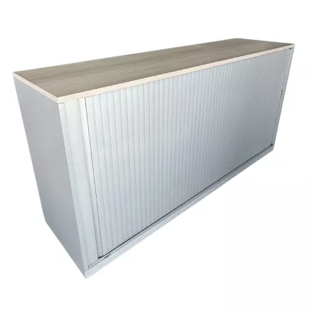 LO LISTA│Armoire basse à rideau L 160 cm│Gris aluminium/top erable blanc
