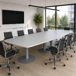 HARMONY│Table tonneau│L350xP120│3 pieds│10/12 personnes│Blanc/gris aluminium