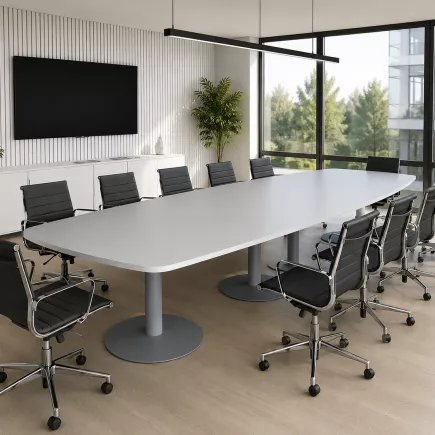 HARMONY│Table tonneau│L350xP120│3 pieds│10/12 personnes│Blanc/gris aluminium