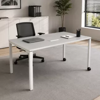 FRAME│Bureau droit L 140 x p 70 cm x H fixe│roulettes│Blanc/blanc