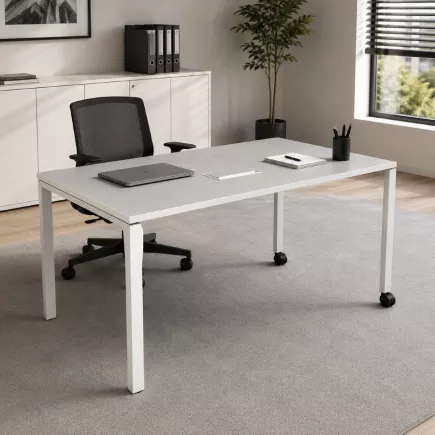 FRAME│Bureau droit L 140 x p 70 cm x H fixe│roulettes│Blanc/blanc