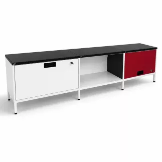 LISTA OFFICE│Meuble bas modulaire 3 éléments│2 portes battantes et niche│Blanc/Rouge/Noir