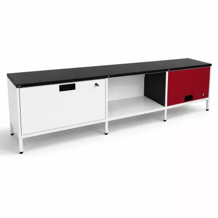 LISTA OFFICE│Meuble bas modulaire 3 éléments│2 portes battantes et niche│Blanc/Rouge/Noir