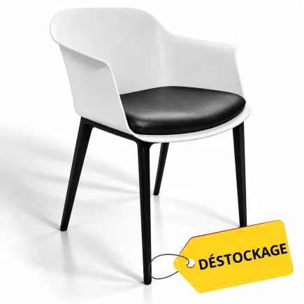 SCOTT│Fauteuil sur 4 pieds polypropylène noir - avec placet similicuir│Blanc/Noir