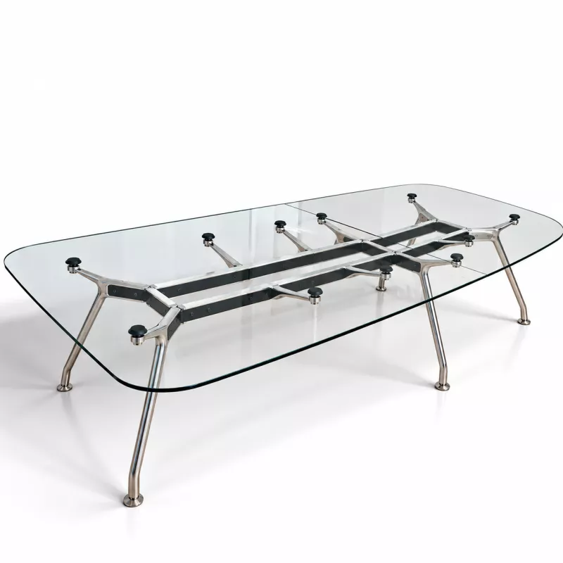 TECNO NOMOS│Designer Norman Foster│Table de réunions 12 à 14 personnes│L 372 x H 72,5 cm│Verre transparent/Chromés